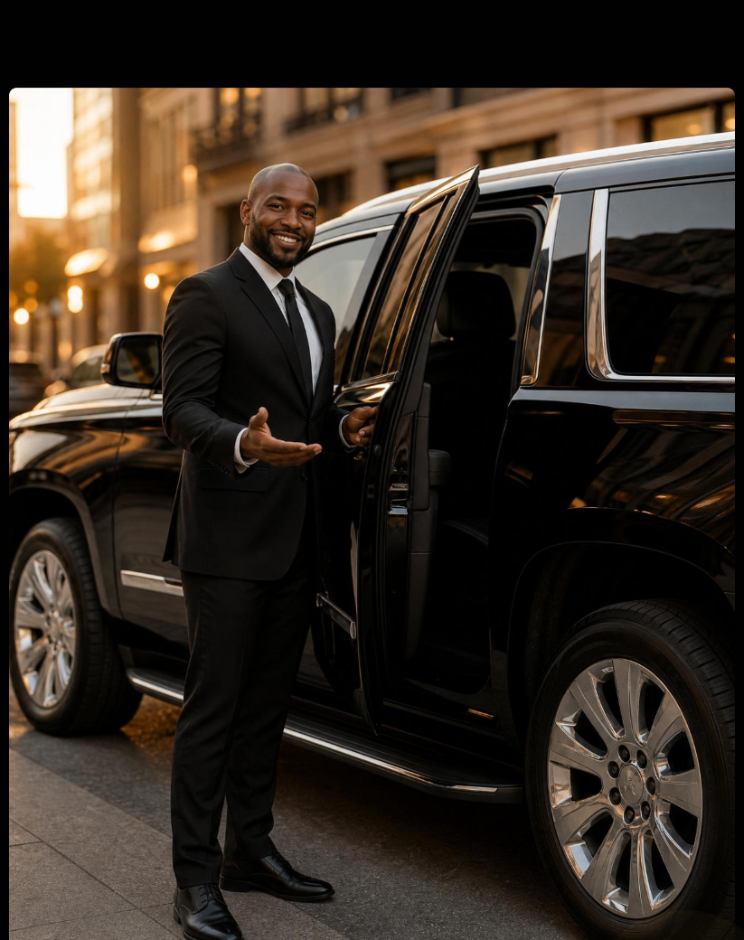 Professional Black chauffeur in black suit welcoming you beside a black Chevrolet Suburban