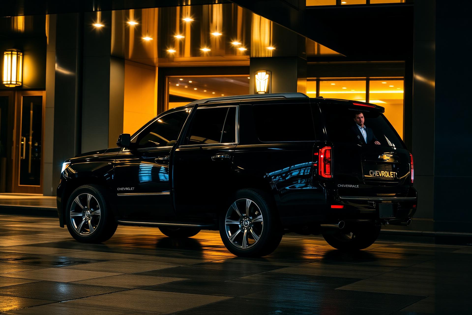 Luxury black Chevrolet Tahoe SUV with professional chauffeur outside a Houston hotel